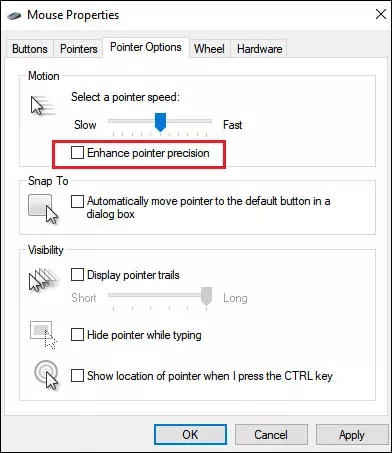 uncheck enhance pointer precision