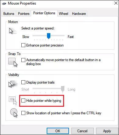 uncheck hide pointer while typing