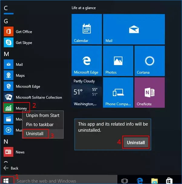 remove built in apps by start menu