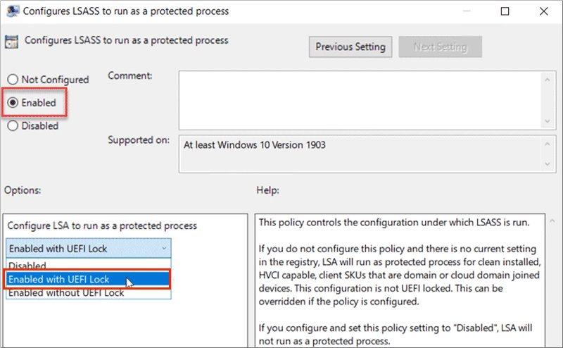 enable configures lsass to run as a protected process