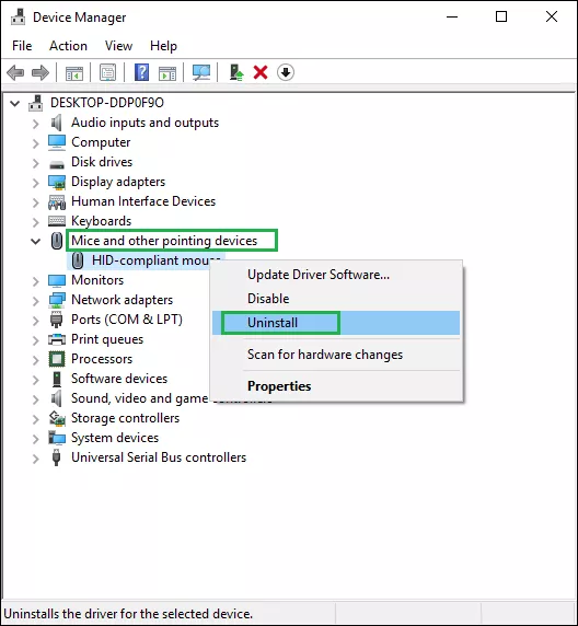 click uninstall driver